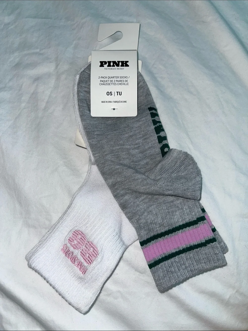 PINK Victoria's Secret Women’s Teens 2-Pack Socks White & Gray with Pink Stripe